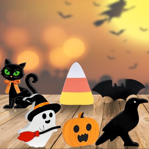 Halloween Decorations Indoor Cute Ghost: 6pcs Wooden Decor Tray Tiered on Table - Home Kitchen Pumpkin Sign