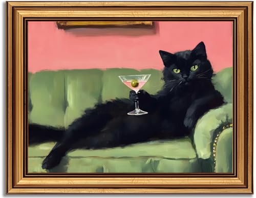 Devunaty Vintage Gold Framed Black Cat Martini Wall Art, Cocktail Bar Cart Wall Decor, Funny Cat On Green Sofa Canvas Print, Eclectic Whimsical Painting Picture For Bedroom Living Room Decor 16"x24" - color: Black Cat Martini, size: 24"L x 16"W