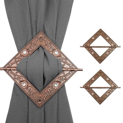 2 Pack Bronze Square Curtain Tiebacks with Crystals, Plastic - style: Bronze Square