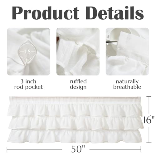 jinchan Ruffled Kitchen Window Valance Curtain, 18 Inch, 1 Panel, White - color: 3-tier Ruffle | White, size: 50"W x 18"L (Pack of 1)