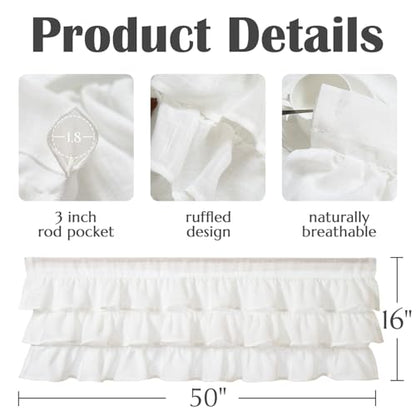 jinchan Ruffled Kitchen Window Valance Curtain, 18 Inch, 1 Panel, White - color: 3-tier Ruffle | White, size: 50"W x 18"L (Pack of 1)