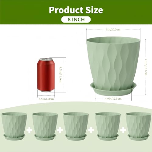 8 Inch Plastic Plant Pots for Plants with Drainage Holes and Saucer, 6 Pack - color: Green 8 Inch