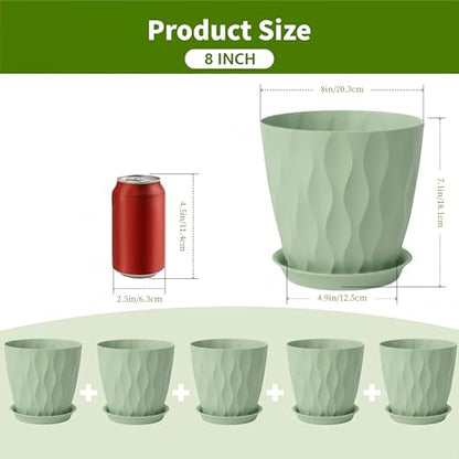 8 Inch Plastic Plant Pots for Plants with Drainage Holes and Saucer, 6 Pack - color: Green 8 Inch
