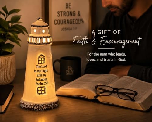 DAILYBREAD Christian Lighthouse Lamp for Men – Psalm 27:1 Scripture LED Lighthouse, Man of God Gift, Christian Gift for Husband, Father, Pastor, Faith-Based Desk Decor 8”H - color: salvation