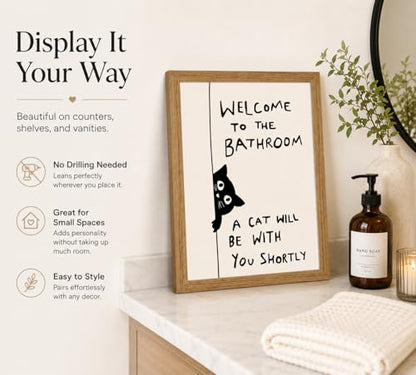 Framed Funny Cat Wall Art, Black White Animal Bathroom Painting, 12x16in - color: Black Cat, size: 12x16in