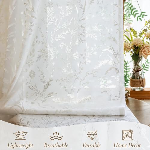 WUBODTI White Lace Semi Sheer Curtains Living Room 72 Inch Length 2 Panels - color: White Leaf, size: 52"W x 72"L (Pack of 2)