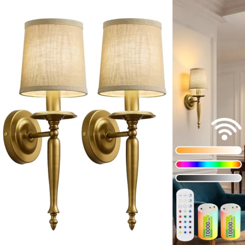Rechargeable Wall Sconces Set of 2, Antique Brass Wall Lamps with Linen Shade, 10000mAh Battery Operated Wireless Lights, No Hardwiring Required, for Bedroom & Living Room