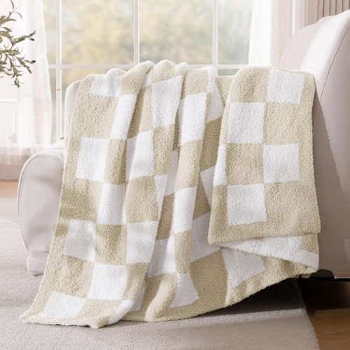 Exclusivo Mezcla Checkered Knit Blanket Twin Size for Bed, Khaki - color: Khaki, size: Twin (60"x80")