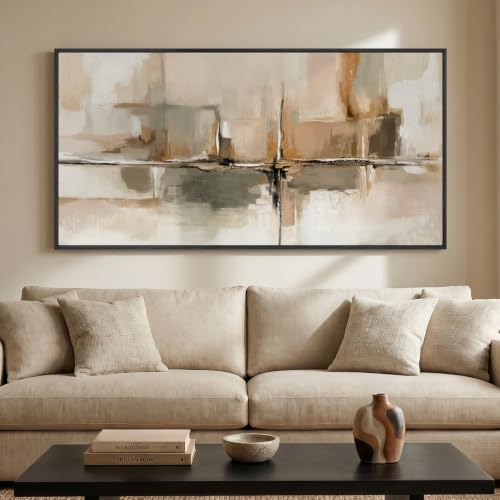 Large Framed Neutral Abstract Wall Art for Living Room, Horizontal 60x30 In - color: Beige & White A, size: 60"L x 30"W