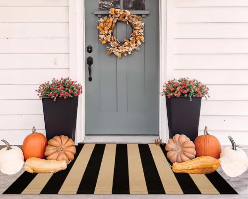 Black & Tan Striped Front Porch Rug 24"x51" - Washable Outdoor Doormat - color: Black Tan, size: 2' x 4'3" (Rectangular)