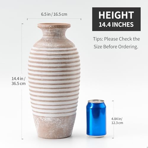 Emotionally Grounded Vase, Vaseking Large Ceramic Rustic Vase, 14.4 inch Minimalist Threaded Decorative Farmhouse Tall Vases for Home Decor, Living Room, Enterway, Table Decoration, Khaki - color: Khaki