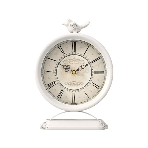 Vintage Table Clock with Bird, European Antique White Style - color: White