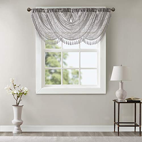 Madison Park Diamond Embroidered Sheer Ascot Valance, 38x46 Grey - color: Grey, size: 38"W x 46"L (Pack of 1)