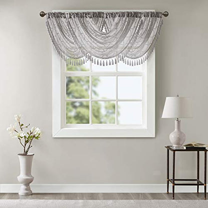 Madison Park Diamond Embroidered Sheer Ascot Valance, 38x46 Grey - color: Grey, size: 38"W x 46"L (Pack of 1)
