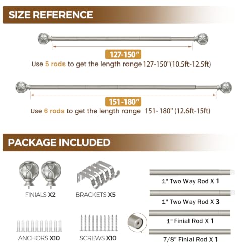 KAMANINA 1 Inch Curtain Rod 140 to 180 Inch, Extra Long Heavy Duty, Silver - color: Antique Silver, size: 140-180"