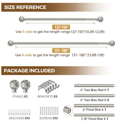 KAMANINA 1 Inch Curtain Rod 140 to 180 Inch, Extra Long Heavy Duty, Silver - color: Antique Silver, size: 140-180"