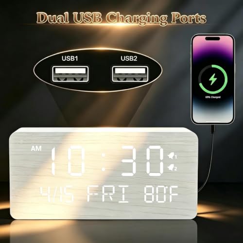 Premium White Wooden Digital Alarm Clock with Wireless Phone Charger, USB Charging Ports, Dimmable LED Display, Date & Day of Week, Temperature, Digital Desk Clock for Bedroom Nightstand Bedside Table - color: White