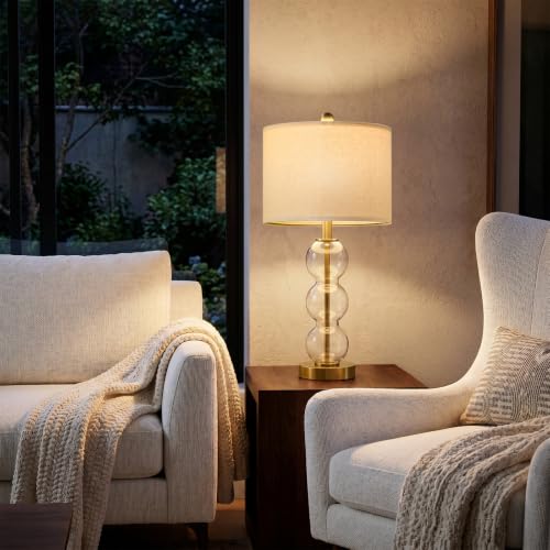 Oneach 25" Glass Table Lamps Set of 2, Gold Modern Table Lamps with USB Ports for Living Room, Linen Shade Bedside Lamps for Bedroom, Nightstand, Side Table (Bulbs not Included) - color: Gold