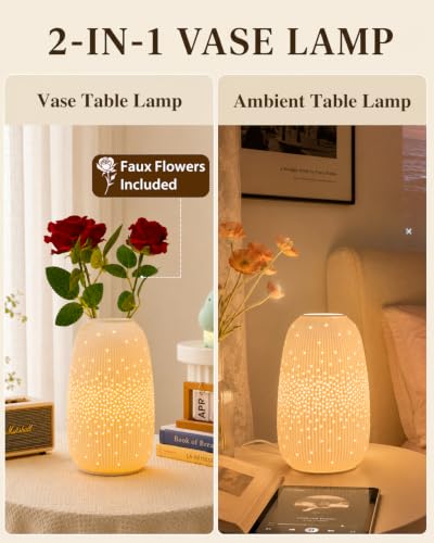 TACAHE Ceramic Vase Table Lamp, 2700K Bulb & 3 Artificial Flowers Included - style: Starry