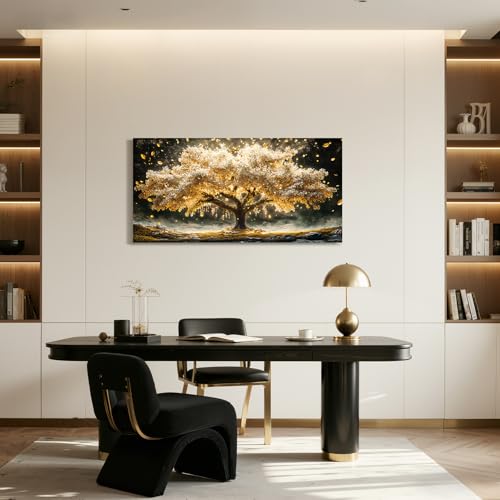 crmotu Tree of Life Large Wall Art, Golden Landscape Canvas Prints 20"x40" - color: Gold and Ivory, size: 40"L x 20"W