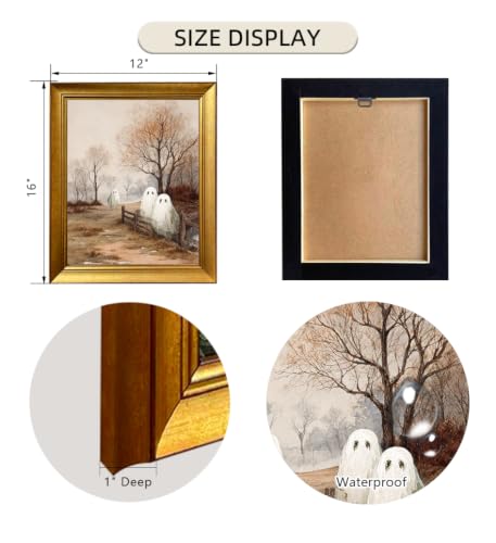 Gold Framed Vintage Halloween Wall Art, Rustic Landscape Home Decor, Cute Ghost Canvas Painting Picture, Aesthetic Halloween Wall Decoration, 12x16in Ready to Hang - color: Ghosts on Autumn Path Spooky Countryside Scene, size: 16"L x 12"W