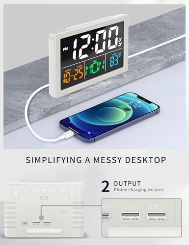 JALL Digital Clock with Date Day for Seniors, Electric Alarm Clocks for Bedrooms with Temperature, 2 Alarms, Dimmer, Dual USB Charger, Battery Backup, Volume Control, Snooze, Bedside Desk Clock, White - color: White