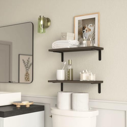 RICHER HOUSE Rustic Wood Floating Shelves, 2-Set Wall Mounted Shelves, 16In - color: Deep Brown