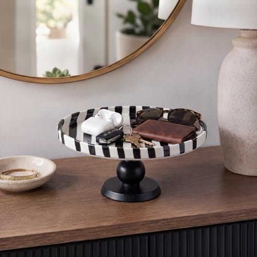 Pedestal Ceramic Fruit Bowl 7.3" Black Striped Decorative Bowl Modern Serving Tray for Kitchen Counter, Bread Fruit Salad Dessert Display Trays, Chic Key Holder for Entry Table Home Decor