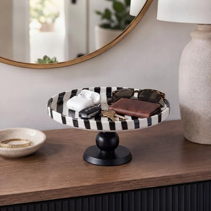 Pedestal Ceramic Fruit Bowl 7.3" Black Striped Decorative Bowl Modern Serving Tray for Kitchen Counter, Bread Fruit Salad Dessert Display Trays, Chic Key Holder for Entry Table Home Decor