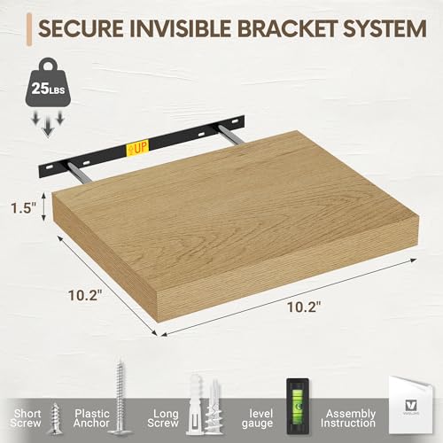 Vivelove 10x10 Inches Floating Shelves Wall Mounted Set of 2, Oak - color: Oak, size: 10.2”wx10.2”dx1.5”h