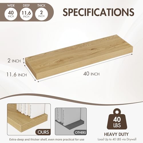 Acovy 40 Inch Floating Shelves, 12" Deep Floating Shelf Wall Mounted, 40" Wall Shelves, Rustic Deep Bookshelf, Extra Deeper & Thicker Display Shelves for Bedroom, Living Room, Oak, Set of 2 - color: Oak, size: 12"Wx40"L-2pcs