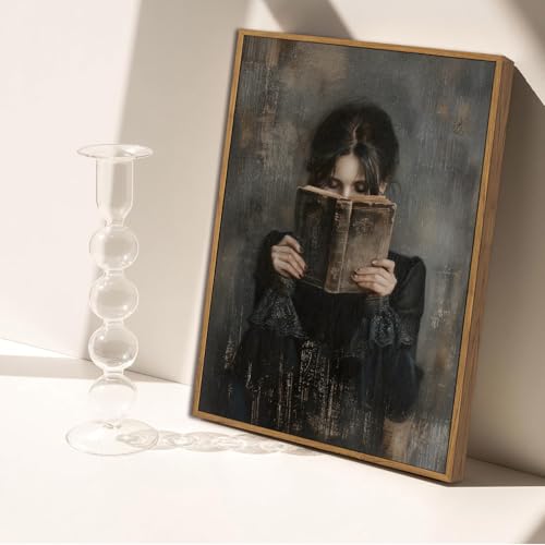 Dark Academia Lady Reading Canvas Wall Art 8x10 inch - color: Black dress, size: 8"x10" Natural