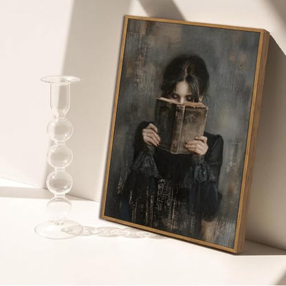 Dark Academia Lady Reading Canvas Wall Art 8x10 inch - color: Black dress, size: 8"x10" Natural
