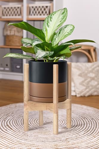 D'vine Dev Ceramic Pot with Natural Wood Stand, Black/Tan, 8 in, 55-B-N-7 - color: Black/Speckled Tan Pot + Natural Stand, size: 8 Inch