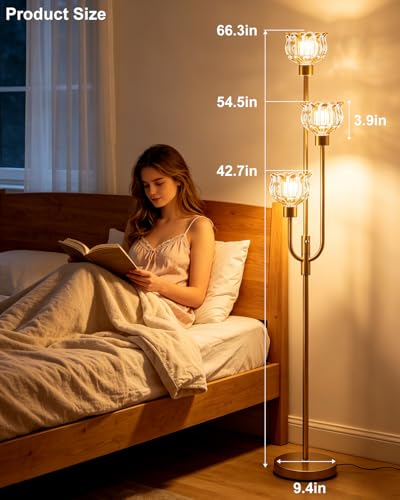 3-Light Glass Floor Lamp 66IN Modern Amber Glass Gold Dimmable Floor Lamps - color: Amber Tulip-Gold