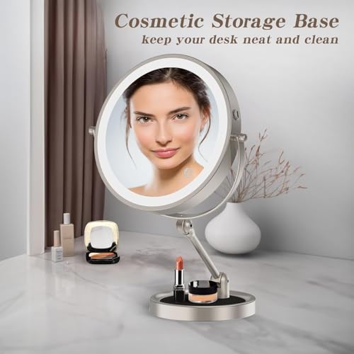 Rocollos Tabletop Makeup Mirror with Built-in Vanity Tray, 9" Rechargeable 4000mAh Lighted Vanity Mirror 1X/10X Magnification, Height-Adjustable Arm, 3 Color Dimmable (9Inch Nickel) - color: 9inch Nickel