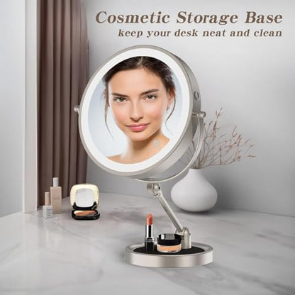 Rocollos Tabletop Makeup Mirror with Built-in Vanity Tray, 9" Rechargeable 4000mAh Lighted Vanity Mirror 1X/10X Magnification, Height-Adjustable Arm, 3 Color Dimmable (9Inch Nickel) - color: 9inch Nickel