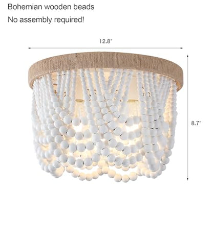 AMZASA White Boho Wood Beaded with Hemp Rope Flush Mount Ceiling Light Farmhouse Small Chandelier Light Fixture for Bedroom Hallway Entryway Closet Kitchen Dining Room Living Room Nursery - color: White