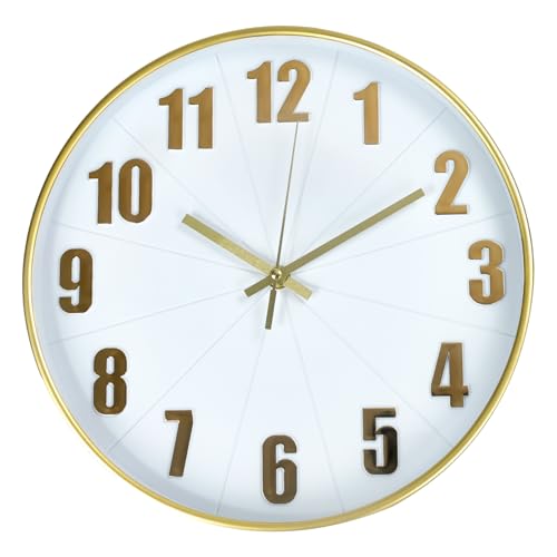 Wall Clock Modern Battery Operated Silent Non-Ticking Round Wall Clocks Simple Style Quartz Movement 3D Stereoscopic Dial Analog Decor Clock for Office/School/Living Room(White-Gold, 12 inch) - color: White-gold