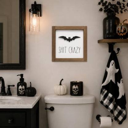 Halloween Bathroom Sign with 3D Bat, Funny Spooky Shelf Wall Decor - color: white-1