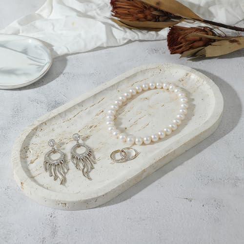 Natural Travertine Marble Tray, Bathroom Dresser Tray for Countertop, Decorative Dish Organizer for Jewelry, Toiletries, Cosmetics, Incense, Candles