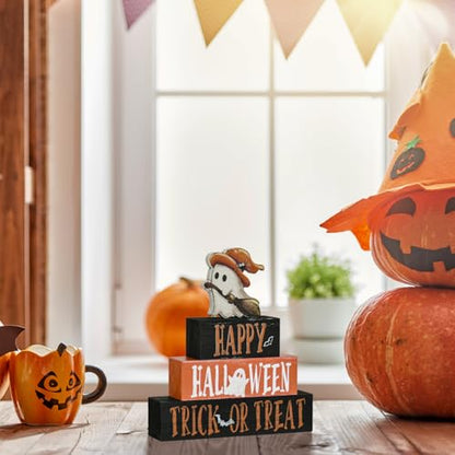 Smile 4 Pcs Wooden Blocks Signs, Happy Halloween Indoor Decorations, Trick or Treat Farm Decor Spooky Rustic for Home Table Shelf and Kitchen - style: Halloween Spooky