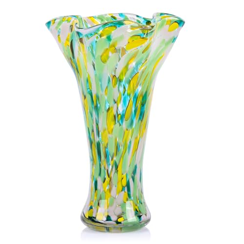 9.0" H Green Glass Vases for Flower, Unique Hand Blown Glass Vase - color: Green