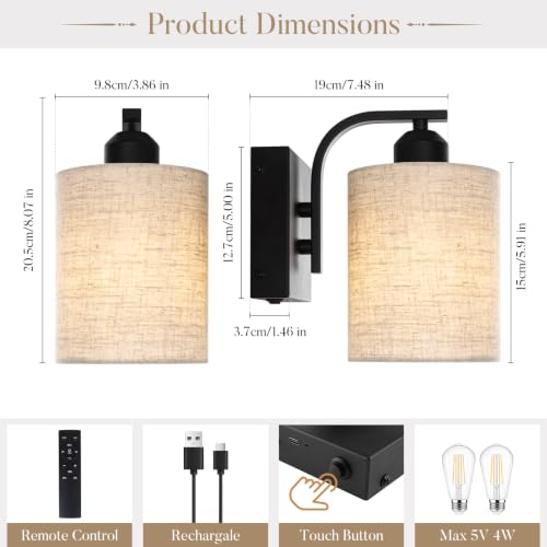 BELS 8 Inch Battery Operated Wall Sconces Set of 2, Farmhouse Black Wall Lights Fixture with Fabric Shade, 3 Colors Temperature, Remote Control, Dimmable, Wall Sconces for Mirror, Bathroom, Bedroom - color: Fabric