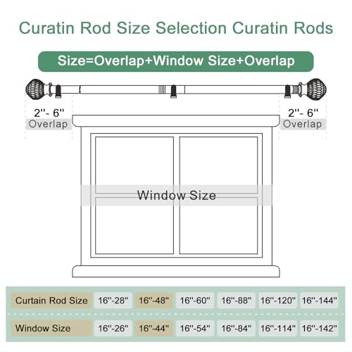 Byondeth Curtain Rods for Windows 16 to 48 Inches Adjustable Length 1 Inch Diameter Window Curtain Rod with Wood Grain Leaf Pattern Finials,for Heavy Duty Curtains Rods - size: 16" to 48"