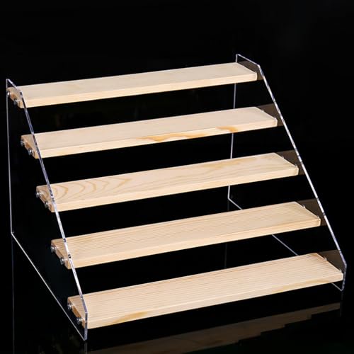 5 Tier Acrylic Wooden Display Stand, Clear Acrylic Display Riser Shelf Wood Tiered Display Shelf Rack Step Ladder Riser Stands for Cupcakes Perfumes Figures Collectibles