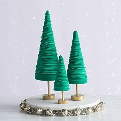 Green Pedestal Velvet Trees Set of 3, Elegant Mantel décor, Valentine Accent, Office Bookcase, Handcrafted Wedding Centerpiece, Cozy Entryway (Green) - color: Green