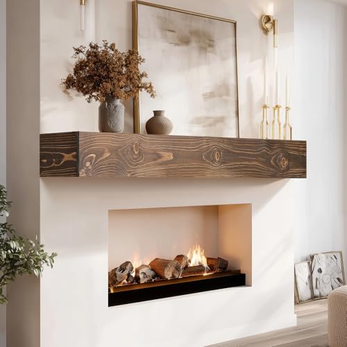 48x8x5in Pine Wood Fireplace Mantel Shelf, Weathered Brown - color: Weathered Brown, size: 48x5x8-hollow