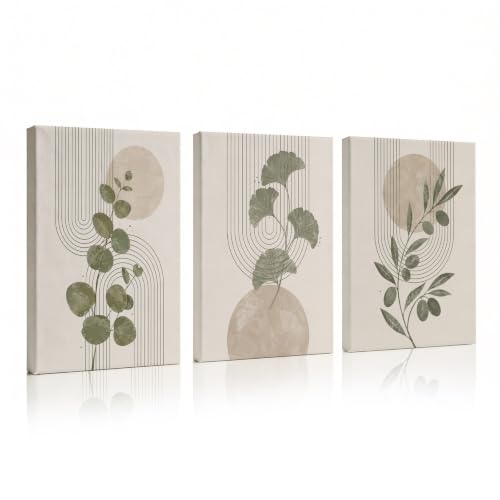 CUQQI Neutral Abstract Wall Art Set, Sage Green Canvas Prints 16x24In - color: Olive Gold, size: 24" H x 16" W x 3Pcs