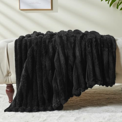 NEWCOSPLAY Fleece Ribbed Cozy Throw Blanket for Couch, Black, 50"x60" - color: Black Ribbed, size: Throw(50"x60")